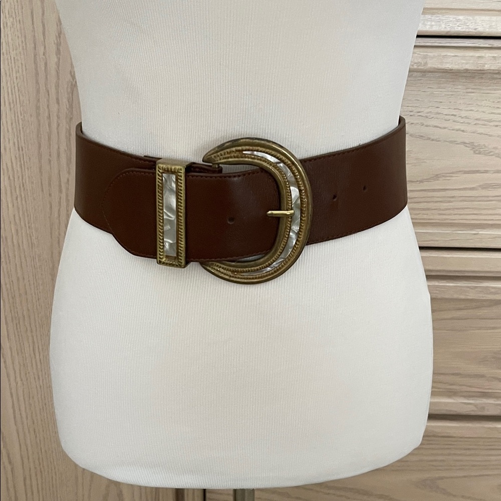 Vintage Express Brown Leather Belt Gold Double Ring Buckle